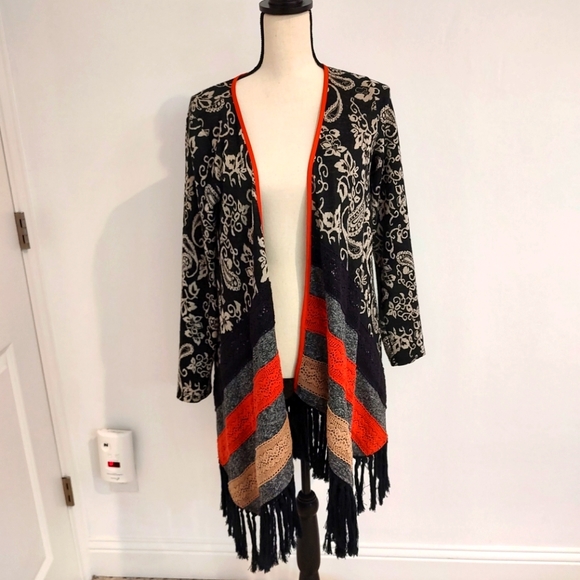 Ryu Boho Cardigan Fringe Asymmetrical Paisley Patchwork Size M - Picture 1 of 12